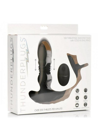 Thunder Plugs Rechargeable 10X Thrusting Silicone Vibrator with Cock & Ball Strap - Black