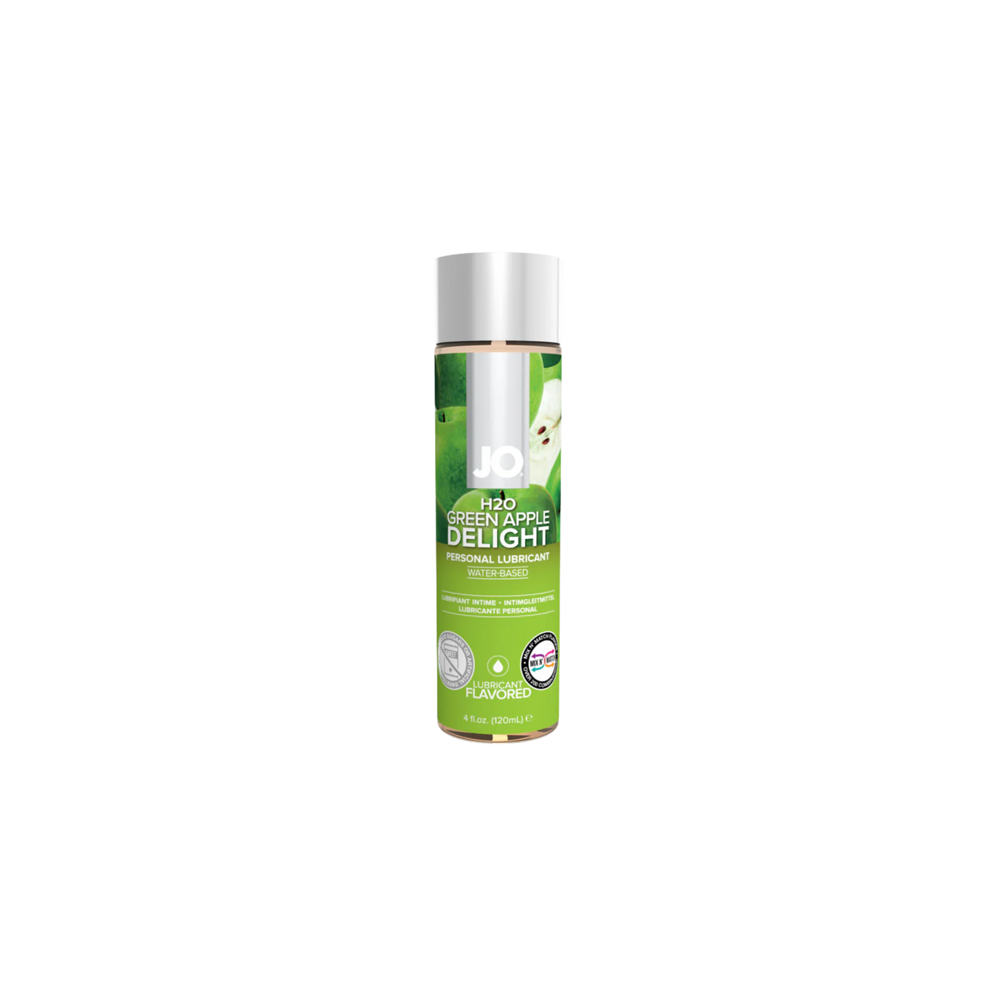 Bottle of 'Green Apple Delight' lubricant on a white background